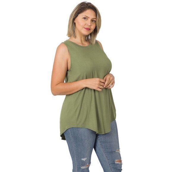 Zenana Plus Size Luxe Rayon Sleeveless Hi-Low Hem Tank Top Light Olive Size 1X - Picture 3 of 3